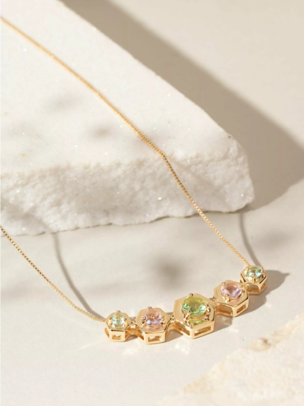 Hexagon Beryl Crystal Necklace 18K Gold Plated 55cm Minimalist Elegant Jewelry